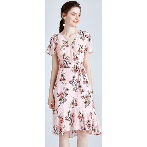 High end silk dress 2021 new womens small fresh V-neck medium length fashion printed silk swing skirt