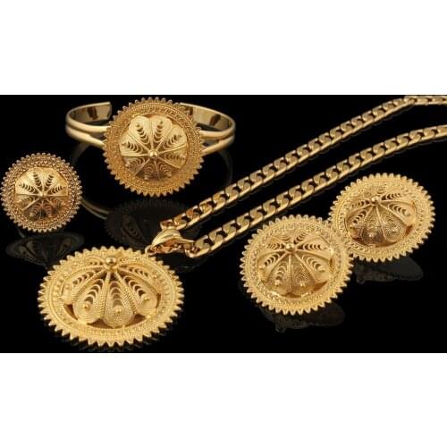 Vintage Ethiopian wedding jewelry sets earrings+ring+pendant+bangle Gold Filled bridal Jewelry sets