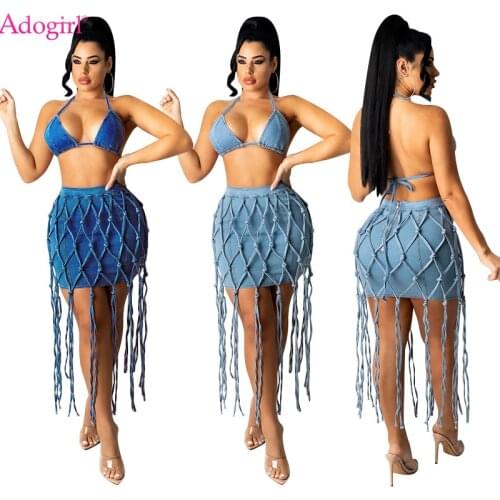 Adogirl Women Hand Braided Rope Denim Suit Lace Up Bra Top Bodycon Skirt Jeans Two Piece Set Female Fashion Sexy Summer Outfits