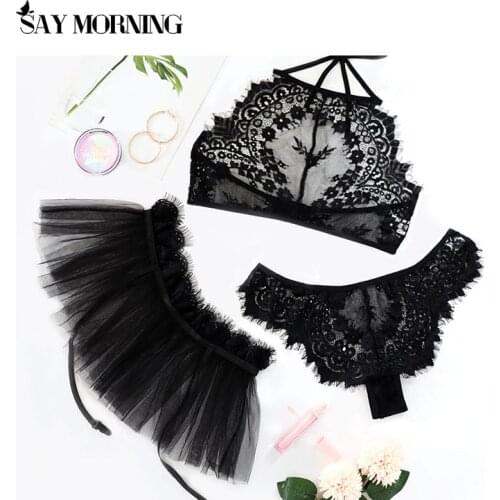 SAY MORNING Sexy Ladies Bra Set Transparent Three-point Eyelash Lace Bra Temptation Net Yarn Skirt Garter Black Three-piece Suit