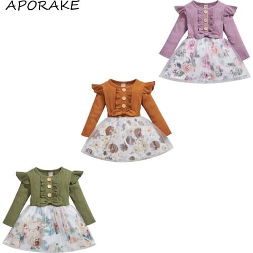 2021 0-4Y Casual Toddler Baby Girls Dress Fall Ruffle Button Bow Patch Long Sleeve Knitted Top Floral Print Tulle A-line Dress