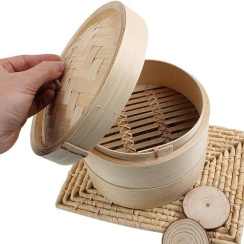 Bamboo Steamer 2 Tier 8 Inch Dim Sum Basket Rice Pasta Cooker Set with Lid By Steam Basket for Vegetables