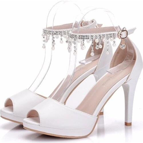 Ladies Sweet Pearl Knot Pendant High Heels Womens Thick Heel One-button Fish Mouth Sandals Wedding Shoes Small Size 34-41