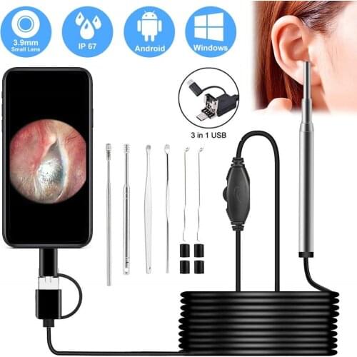 3.9mm 3 in 1 USB Ear Cleaning Endoscope Digital Medical Otoscope 720P Mini Ear Scope Camera for Type c Android Phone PC Windows