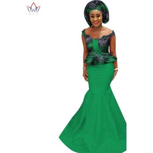 Fashion African Women Suits Bazin Riche Plus Size Print 2 Piece Skirt Set Traditional African Clothing for Girls WY1167