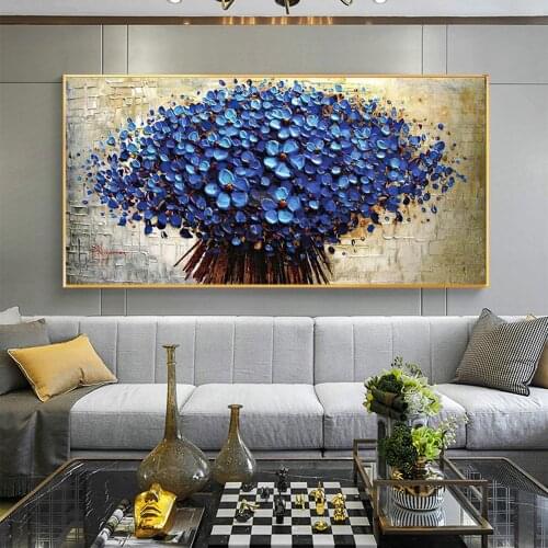 Nordic Abstract Blue Flowers Oil Painting on Canvas Wall Art Posters Prints Wall Pictures for Living Room Home Cuadros Decor