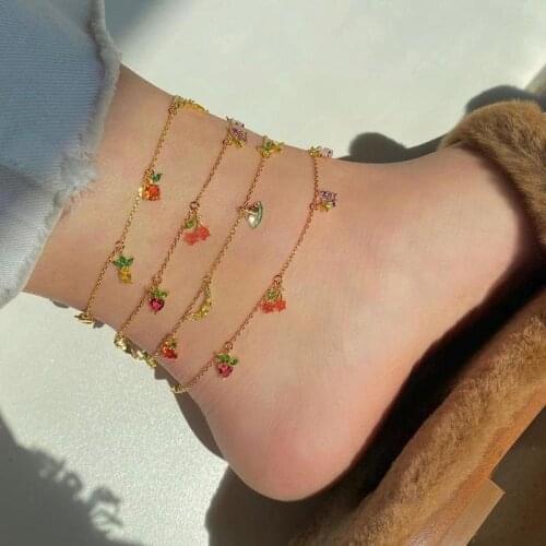 One Piece 14K Gold Plated Anklets Summer Cute Small Crystal Cherry Peach Grapes Fruit Pendant Anklets Korean New Design Jewelry