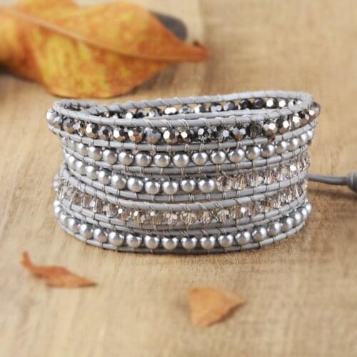 Pure Handmade Weave Crystal Beads 5 Wrap Bracelets High Quality Multi layers Friendship Cuff Bracelets Women Leather Bracelets