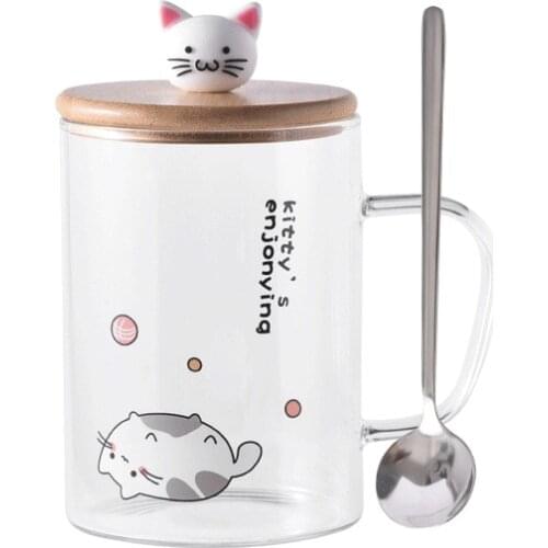 400ML Cute Cat Glass Mug Creative Ladies Flower Tea Mug With Lid Spoon Handle Transparent Milk Juice Cups