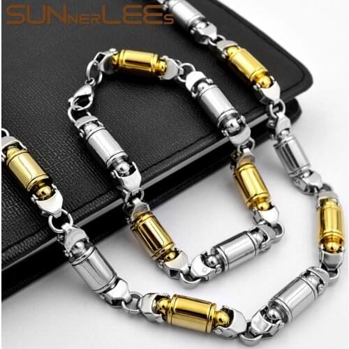 SUNNERLEES 316L Stainless Steel Necklace Bracelet Set 9mm Geometric Link Chain Silver Color Gold Plated Men Women Jewelry SC82 S