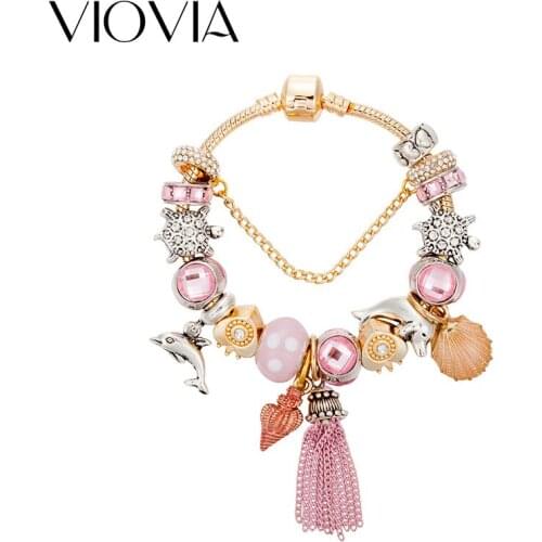 VIOVIA Original Design Pink Handmade Tassel Charm Bracelets For Women Tortoise Dolphin Beads Bracelets & Bangles B17079