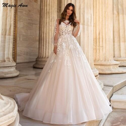 Magic Awn Full Puff Sleeves Wedding Dresses Beach Lace Appliques Bohemian Illusion Princess Bride Dress A-Line Vestidos Novia