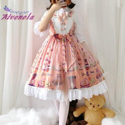 Japanese Lolita Sweet Cute JSK Dress Soft Girl Dresses Loli Printed Bow Kawaii Girls Women Tea Party Ball Gown Vestidos AFC935