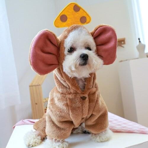 XS-XL Pet Dog Clothes Cute Plus Velvet Warm Cheese Mouse Big Ears Hoodies Coat Winter Warm Fleece Jumpsuit Puppy Cat Dog Costume