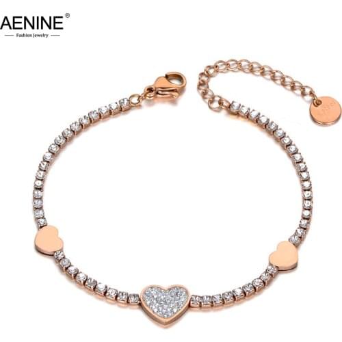 AENINE Romantic Rhinestone Heart Charm Bracelet For Women Stainless Steel CZ Crystal Link Chain Bracelet For Christmas AB19134