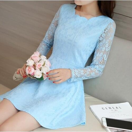 Womens dress Waist slimming female dress lace collar solid color lace top autumn dress girl dress long sleeve student dress