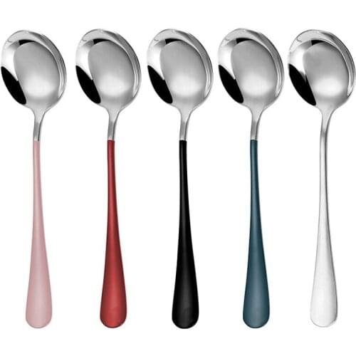1Pc Stainless Steel Spoon Long Handle Family Soup Spoon Restaurant Kitchen Cooking Spoon Round Kitchen Supplies