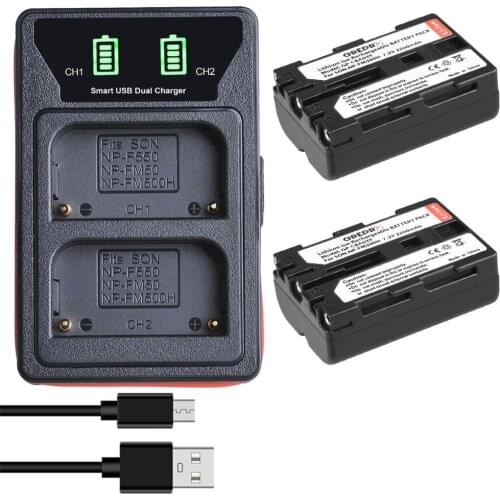 2 Pcs 2200mAh NP-FM500H NP FM500H Battery + LED Dual USB Charger with type-C port for NP-F550 NP-FM50 Sony Alpha A58 A350 A500