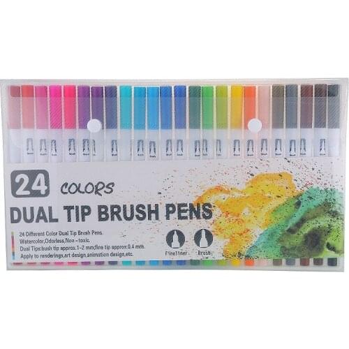 24 Colors Marker Liner Drawing Watercolor Marker Pens Twin Head Brush Pen Painting Art Supplies