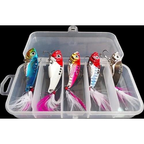 5pcs/box Mixed Metal VIB Lures set 7g-12g Vibration Spoon Lure kit Fishing Bait Bass Artificial Hard Bait VIB Bait with feather