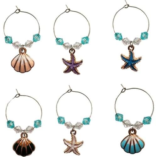 6Pcs Ocean Style Party Glass Pendant Shell Charm Wine Glass Cup Ring Decorations Kitchen Bar Wine Markers