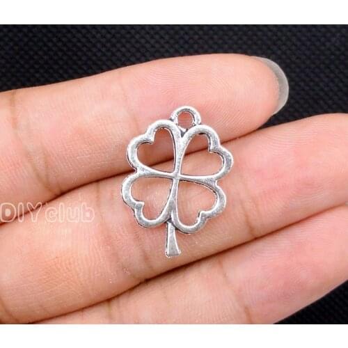 60pcs-Antique Silver 2 Sided Four Leaf Clover Charms Pendant 28x18mm