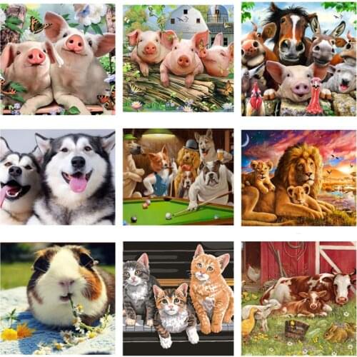 5D DIY Full Round Diamond Painting Cross Stitch Kits Diamond Animal Pattern Cat Pig Tiger lion Dog Diamond Embroidery Home Decor