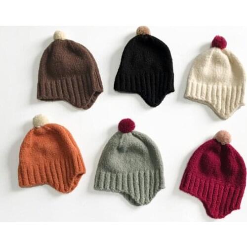 Children Knitted Woolen Hat With Fur Ball Autumn Winter Warm Kids Ear Protection Cap Beanie Hats For Boys Girls