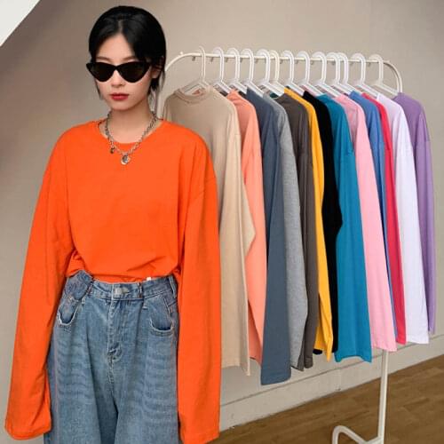 Pure cotton long-sleeved T-shirt womens autumn new Korean style Hong Kong style loose wild solid color bottoming shirt top