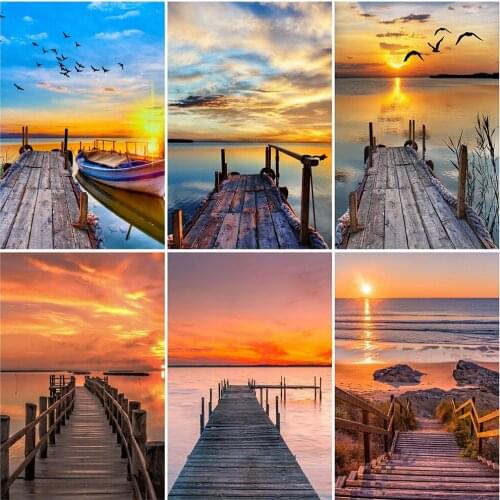 KAMY YI Landscape Sunset Pier Full Diamond Mosaic Geometric Diamond Painting Cross Stitch 5D Diy Embroidery Home Decoration