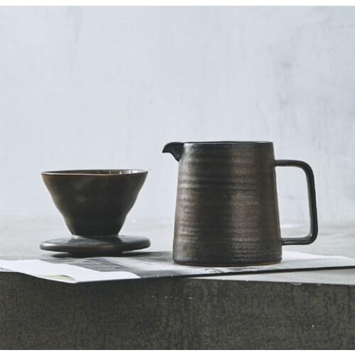 3pcs Japanese Retro Hand-made Coffee Cup Saucer Hanging Ear Pot Set Minimalist Home Retro Stoneware Filter Cup Sharing Pot 400ml