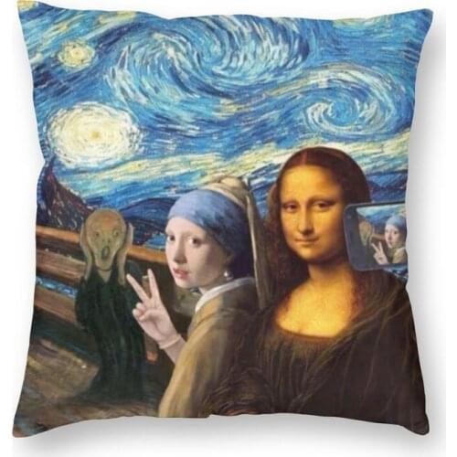 Starry Night By Mona Lisa And Vincent Van Gogh Square Pillow Case Home Decor Art Painting Cushions Throw Pillow For Car Printing