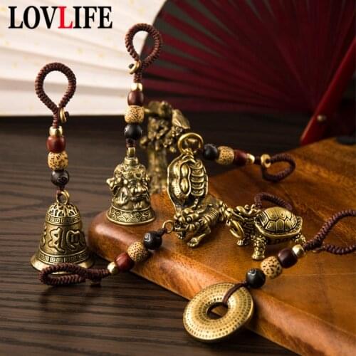 Brass Tortoise Car Keychain Pendant Creative Personality Car Chain Lock Keyrings Hand-woven Rope Bag Hangings Gifts