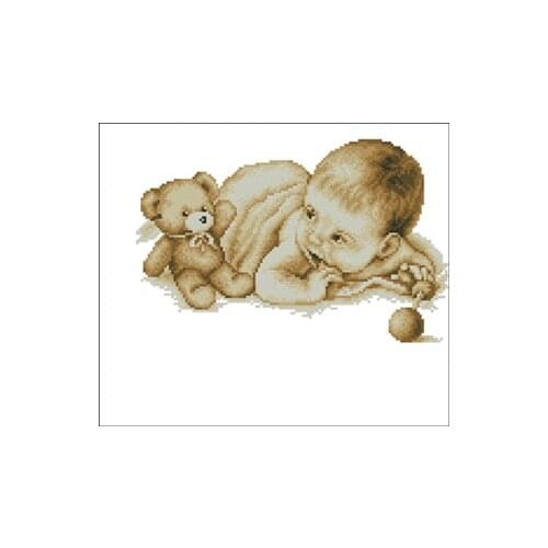 "Baby and Bear"14ct Counted Cross Stitch Baby Cartoon Lovely Needlework Embroidery Kits Paintings Diy Handcraft Room Decoration
