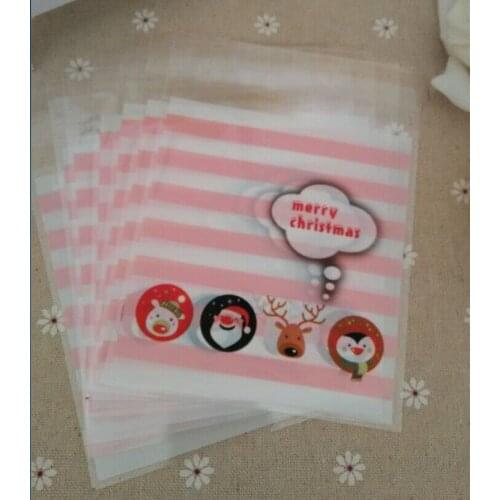 ST Size 10x11+3cm Pink Stripe Christmas Cellophane Cookie Bag,Bakery Gift Packing Bags 100pcs/lot