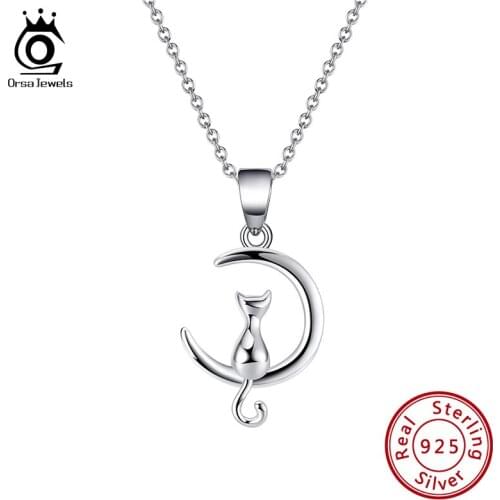 ORSA JEWELS Real 925 Sterling Silver Necklace Perfect Polished Creative funny cat sitting on the moon For Girl /woman Gift SN271