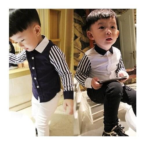 Boys Long Sleeve Plus Velvet Thick Shirt 2018 Autumn and Winter Childrens Childrens Striped Stitching Sleeve Shirt A8960