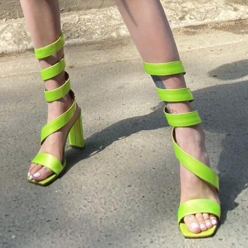 Womens Peep Toe Snake S-straps Block High Heel Sandals Shoes Roman Gladiator Green Summer 3Colors New 2021