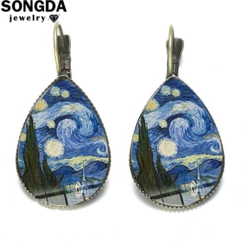 SONGDA Van Gogh Starry Night Sunflower Earrings Vintage Bronze Famous Artist Oil Painting Glass Dome Water Drop Earrings Jewelry