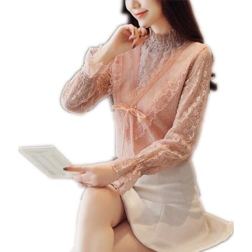 Sweet Lace 2019 New Women Spring Short Blouse Female Long Flare Sleeve Stand-Collar Lace Blouses Women Plus Size 3XL Tops Q1196