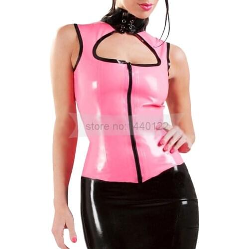 Front Zip Women Latex Vest Sleevless Shirt Sexy Female Tops LSW026