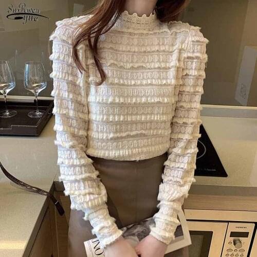 Autumn Korean Stand Collar Long Sleeve Elegant Woman Top Winter Pleated Lace Blouse Women New Ruffle Vintage Shirt Blusas 16581
