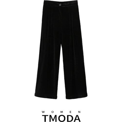 TMODA357 Za Pants Women 2021 Elegant Fashion Velvet Pleated Wide Leg Pants Vintage High Waist Side Pockets Female Trousers Mujer