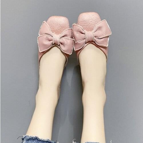 Women Flats 2021 New Silk Slip on Boat Shoes Square Toe Woman Shoes Bowtie Ballet Flats Black White Pink Zapatos Mujer 9327G