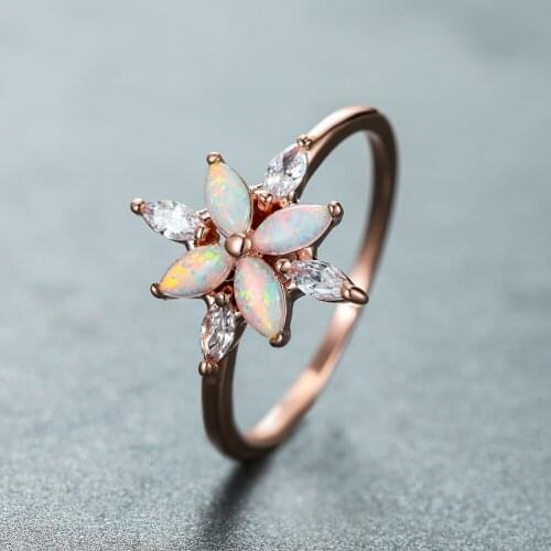 Boho Female White Fire Opal Ring Charm Rose Gold Color Wedding Rings For Women Vintage Crystal Flower Thin Engagement Ring