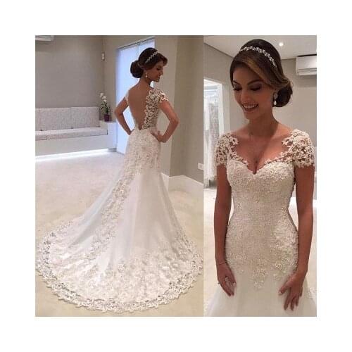 Sexy Lace V-neck Backless Wedding Dress 2021 Elegant Short Sleeve Mermaid With Court Train Princess Wedding Dresses Customize