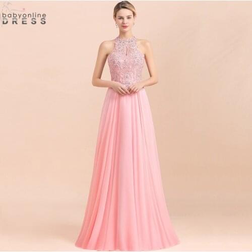 New Arrival Pink Halter Long Evening Dresses 2020 Pears And Crystal A Line Lace Party Gowns With Zipper Vestido De Novia