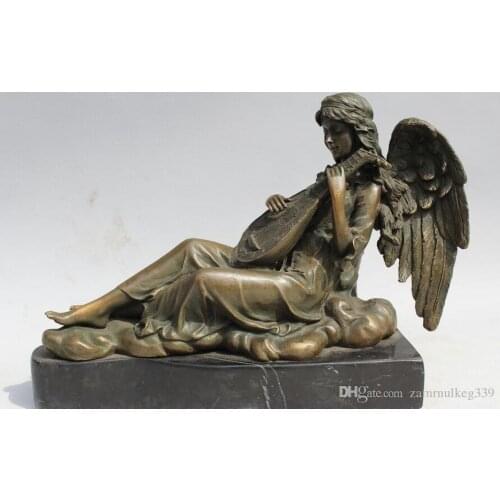 7"Western Art sculpture Bronze Marble Women Bell Angell Playing Pipa Statue