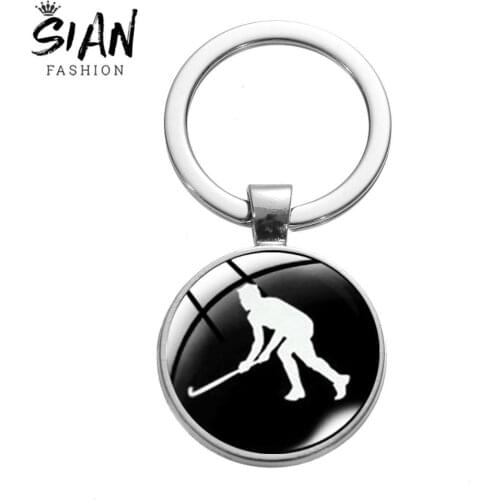 SIAN Simple Style Hockey Player Silhouette Pattern Keychain Creative Casual Sports Theme Glass Key Chain Cartoon Print Trinkets