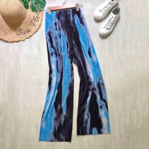 Women Pleated Pants Wide Leg Loose Casual Style Tie-dye Ink Printing High Waist Large Stretched Long Pants Bohemia Beach